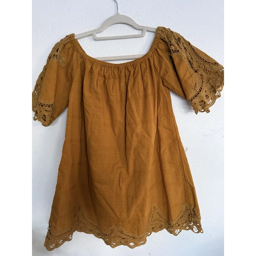 Free People Womens Size S Mustard Yellow Crochet Boho‎ Mini Dress Off Shoulders